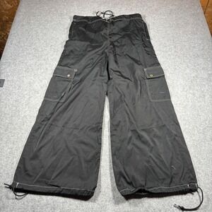 Vintage Kikwear Mens Black Nylon Wide Leg Cargo Rave Pants 90s Y2K 36x29